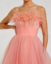 Orange and Pink Ombre Strapless Feather Bodice Tulle Gown